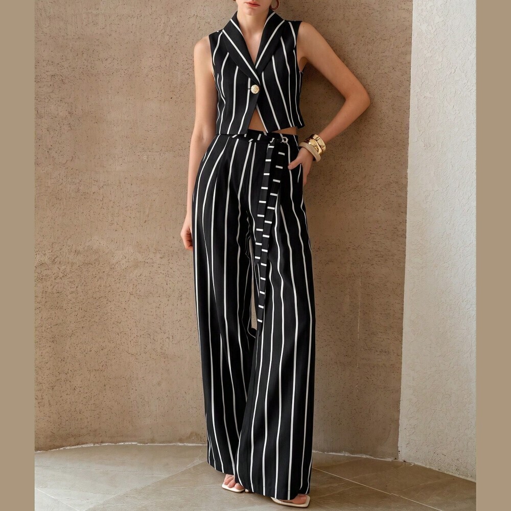 Black White Striped Shawl Collar Crop Vest and Wide Leg Pants Pantsuit Set